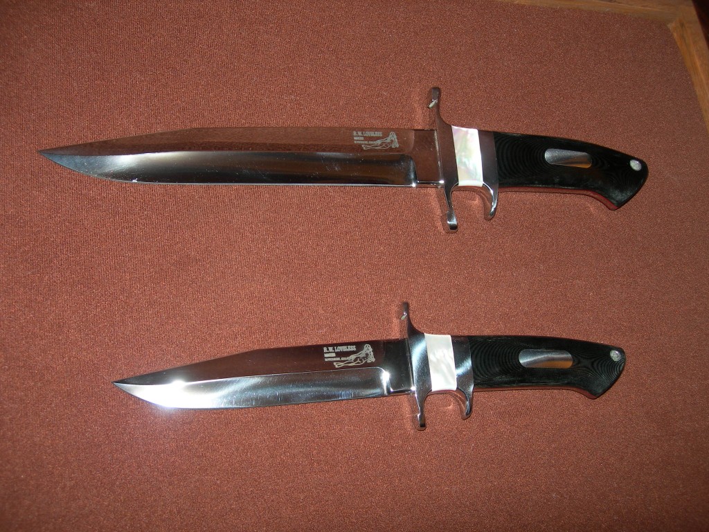 Bob Loveless Big Bear and Junior Bear subhilt fighters in black micarta