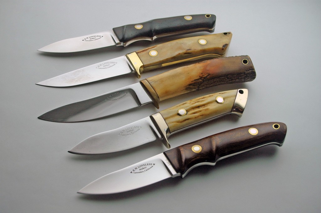 A group of five Bob Loveless knives with stag, micarta and wood handles